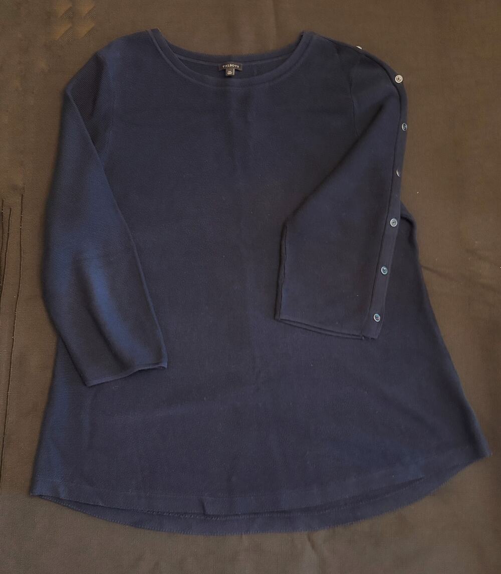 NWOT Talbots Button Sweater XL Navy Blue Cotton Rayon 3/4 Sleeve